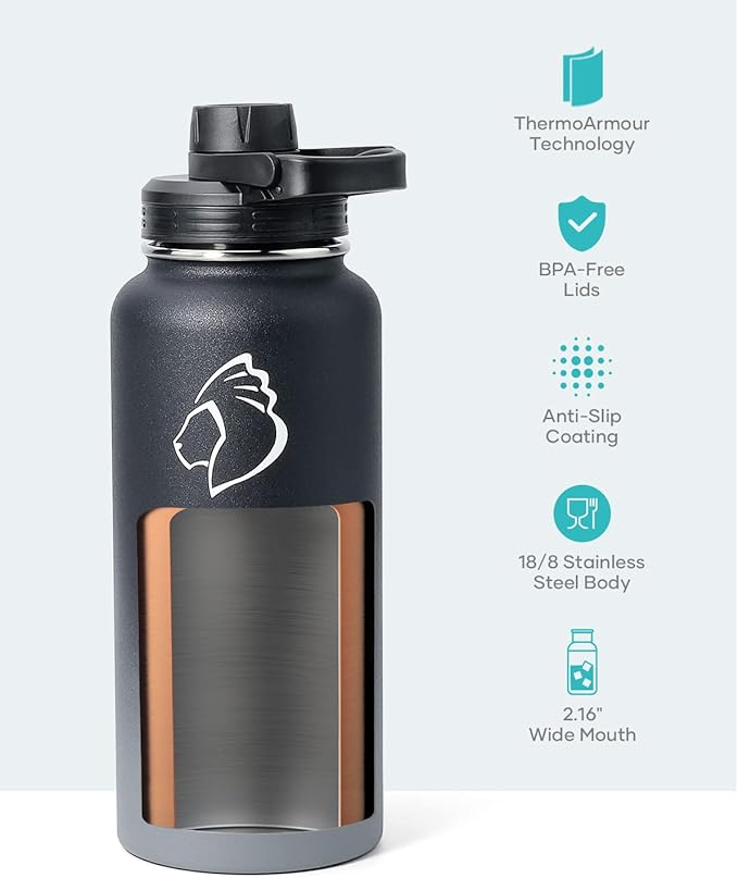 BUZIO 32 oz Water Bottle Insulated with Straw & 3 lid and Carrying Pouch, Leak Proof Anti-Slip Stainless Steel Water Flask Jug, Cold for 48 Hrs Double Vacuum Thermo Canteen, BPA-Free, Shadow