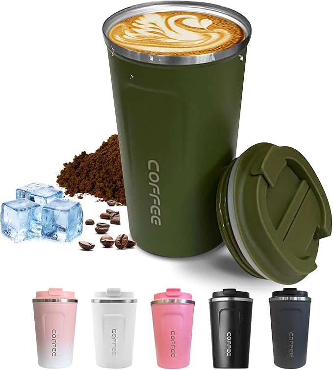 Travel coffee mugs leak-proof, reusable coffee cups with lids, stainless steel vacuum thermos coffee tumblers,thermal insulation cups for men and women hot & cold drinks(2nd-Green, 12OZ)
