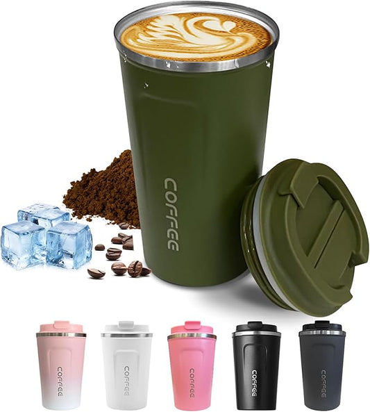 Travel coffee mugs leak-proof, reusable coffee cups with lids, stainless steel vacuum thermos coffee tumblers,thermal insulation cups for men and women hot & cold drinks(2nd-Green, 12OZ)