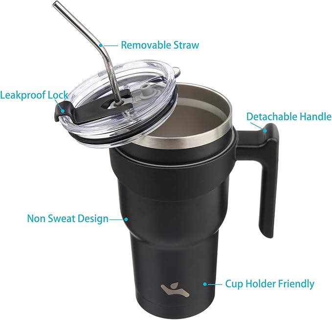 40 oz Tumbler with Handle and 2 Straw 2 Lid, Insulated Water Bottle Stainless Steel Vacuum Cup Reusable Travel Mug,Black