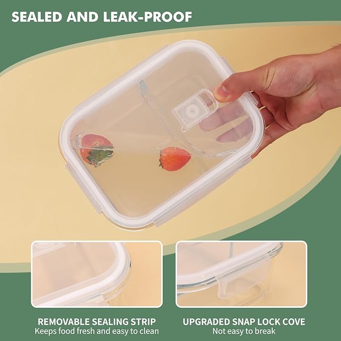 5-Pack Glass Storage Containers,Glass Food Container with Lid,Lunch Box,Bento Box,Storage Box,Meal Prep Containers,Lunch Containers,Fruit Preservation Boxes,Two-partition-White