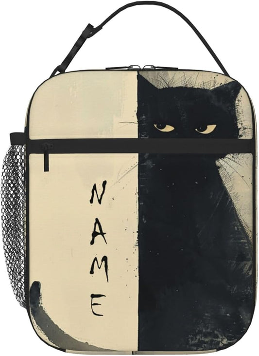 SUPLUCHOM Custom Lunch Bag With Name Cat Vintage Personalized Insulated Box Customized Food Tote Container Side Pocket for Work School Picnic Hiking Daytrip Kids Boys Girls Women Men Over 3 Years Old