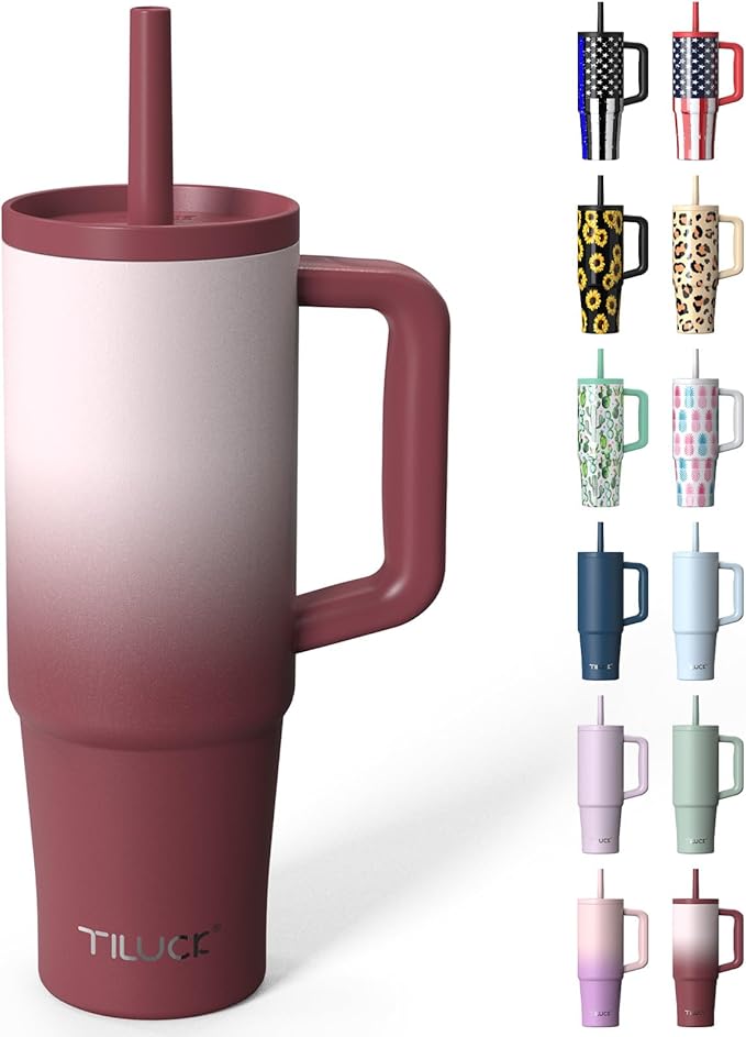 TILUCK 30 oz Tumbler with Handle, Vacuum Insulated Stainless Steel Travel Mug with 100% Leak-Proof Silicone Straw Lid, Cupholder Friendly Water Bottle(BurgundyGradient, 30oz)