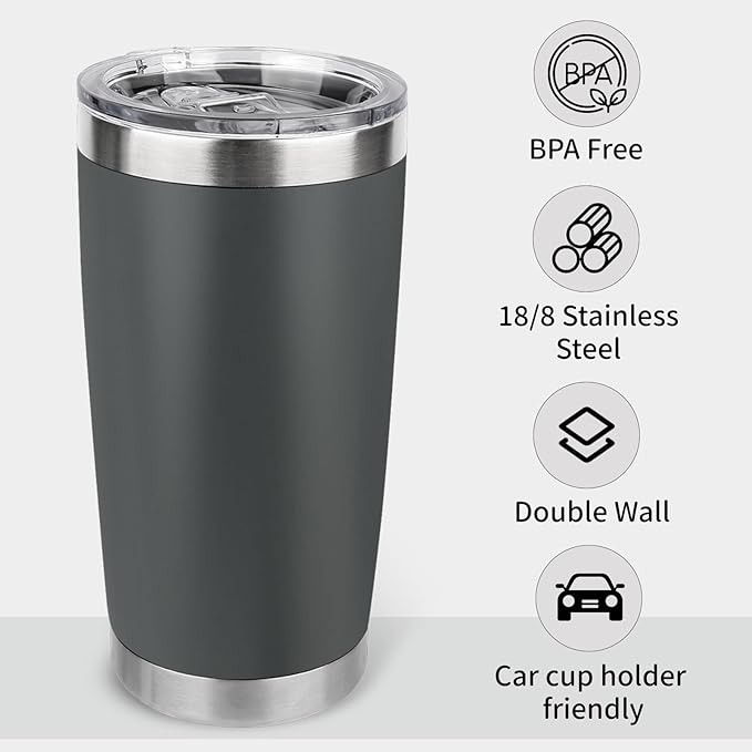 20oz Stainless Steel Tumbler Bulk with Lid, Travel Mug - Double Wall Vacuum Powder Coated Cup - Grey, 12 Pack