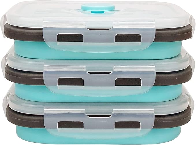 CCyanzi 3piece Collapsible Food Storage Containers with Lids, Silicone Lunch Container, Microwave & Freezer Safe, Space Saving for Kitchen Cabinet and Camping Backpack,(blue gray)