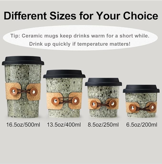 Travel Coffee Mug, Reusable Coffee Cup with Lid, Microwave & Dishwasher Safe, Camp Mug with Spill Proof Lid, Ceramic Camp Tumbler for Men and Women, 8.5oz