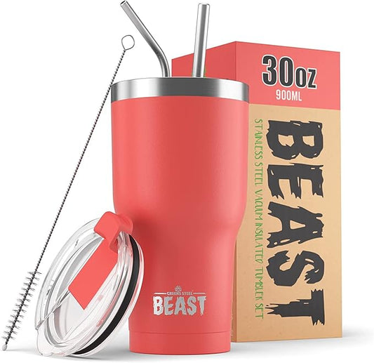Beast 30 oz Tumbler Stainless Steel Vacuum Insulated Coffee Ice Cup Double Wall Travel Flask (Coral Pink)