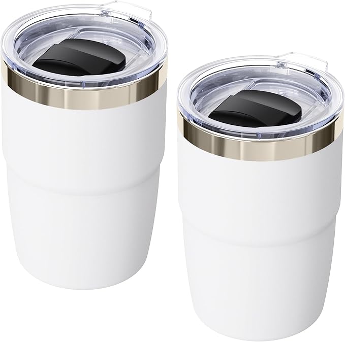 8 oz Espresso/Coffee Cup with Magnetic Lid, Ceramic-Lined 18/8 Stainless Steel, Double-Wall Vacuum Insulated, Stackable, Dishwasher Safe, Mini Tumbler for On-the-Go (White, 2 Pack)