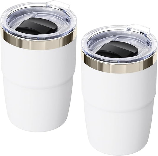 8 oz Espresso/Coffee Cup with Magnetic Lid, Ceramic-Lined 18/8 Stainless Steel, Double-Wall Vacuum Insulated, Stackable, Dishwasher Safe, Mini Tumbler for On-the-Go (White, 2 Pack)