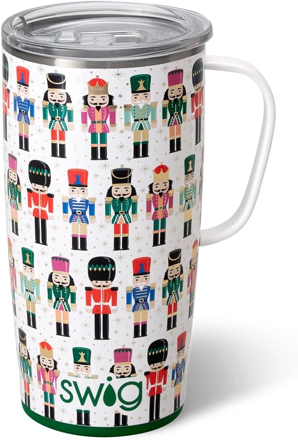 Swig Life 22oz Travel Mug, Insulated Tumbler with Handle and Lid, Cup Holder Friendly, Dishwasher Safe, Stainless Steel, Travel Coffee Cup, Insulated Mug (Classic Nutcracker)