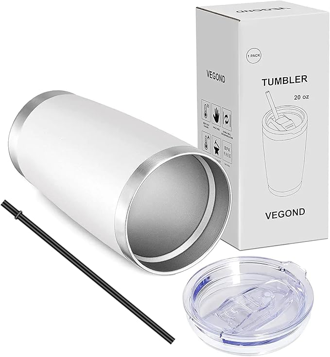 VEGOND 20oz Tumbler with Lid and Straw Stainless Steel Tumbler Cup Vacuum Insulated Double Wall Travel Coffee Mug Powder Coated Coffee Cup(White 1 Pack)