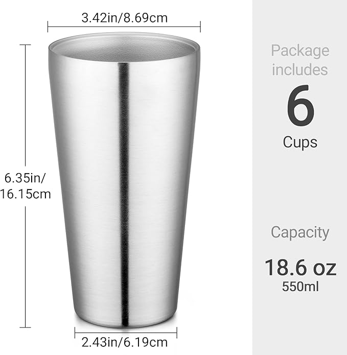 Beasea Stainless Steel Cups 19 oz, 6 Pack Large 18.6oz 550ml Stainless Steel Water Drinking Tumbler Stackable Double Wall Insulated Metal Pint Glasses Tin Cups for Home Party Camping