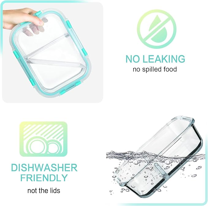 [5-Pack,36 Oz]Glass Meal Prep Containers 2 Compartments Portion Control with Upgraded Snap Locking Lids Glass Food Storage Containers, Microwave, Oven, Freezer and Dishwasher (4.5 Cups, Green)