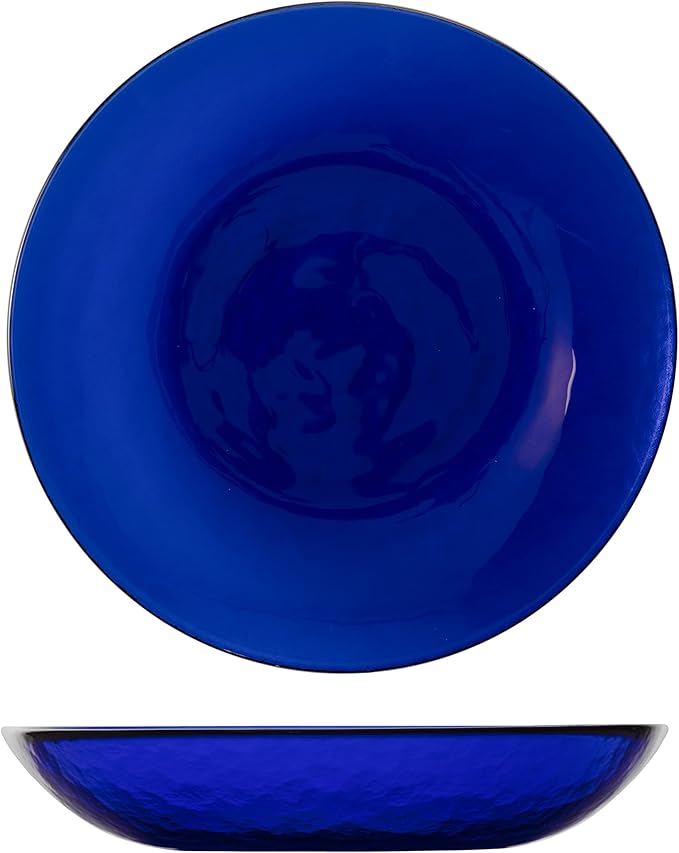 FORTESSA Los Cabos Tableware, 16-Piece Glass Dinnerware Set with 4 Dinner Plates, 4 Salad Plates, 4 Coupe Bowls and 4 Cereal Bowls, Dishwasher-Safe Glass Plate Set, Cobalt Blue