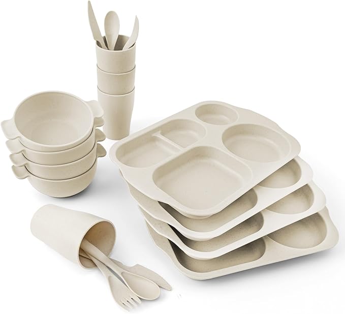 24 Pcs Wheat Straw Dinnerware Cutlery Set, Unbreakable Tableware Set, wheat straw dinnerware sets, Bowls, Cup, Cutlery Spoons Knifes Forks, BPA Free, Microwave Dishwasher Safe (Beige)