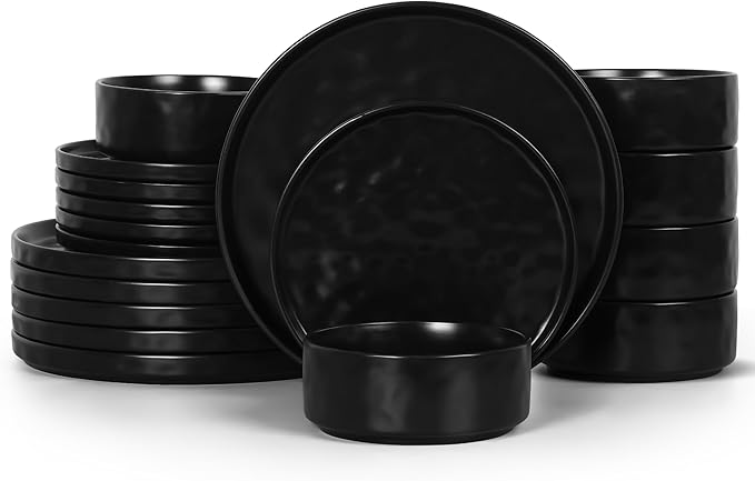 LIANYU 18 Piece Dinnerware Dishes Sets for 6, Stoneware Plates and Bowls Dishware Set, Ceramic Dinning Ware Includes Dinner Salad Plates, Cereal Bowls, Chip & Scratch Resistant, Obsidian Matte Black