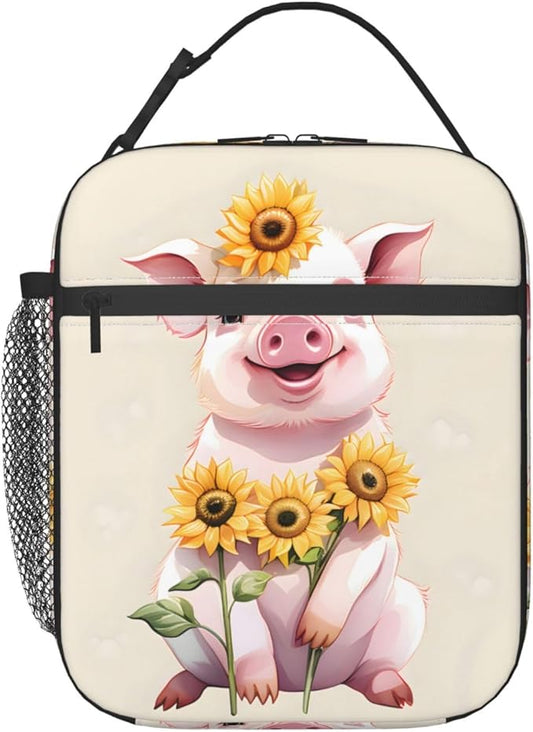 Reusable Cute Pig Lunch Box for Kids, Insulated Sunflower Cream Bag,Polyester Cooler Animal Lovers Handbags Case for School Picnic Work Travel Beach or Hiking, Gifts