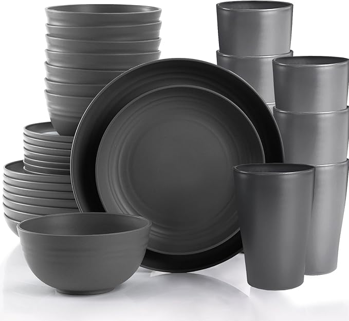Grey Cups and Plates Sets for Kitchen Plates and Bowls Set, Dishware Sets for 8 Kids Plate Non Toxic Unbreakable and Lightweight,32pcs Halloween Plastic Dinnerware Set, Dishwasher and Microwave Safe