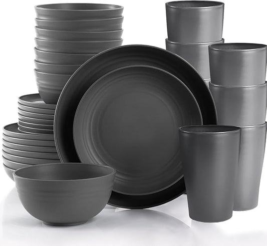 Grey Cups and Plates Sets for Kitchen Plates and Bowls Set, Dishware Sets for 8 Kids Plate Non Toxic Unbreakable and Lightweight,32pcs Halloween Plastic Dinnerware Set, Dishwasher and Microwave Safe