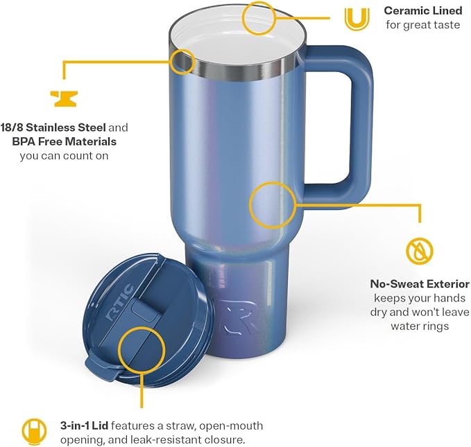 RTIC 40 oz Road Trip Tumbler Double-Walled Cermaic Lined Insulated Stainless Steel Portable Travel Coffee Mug Cup with Lid, Handle and Straw, Pond Glitter