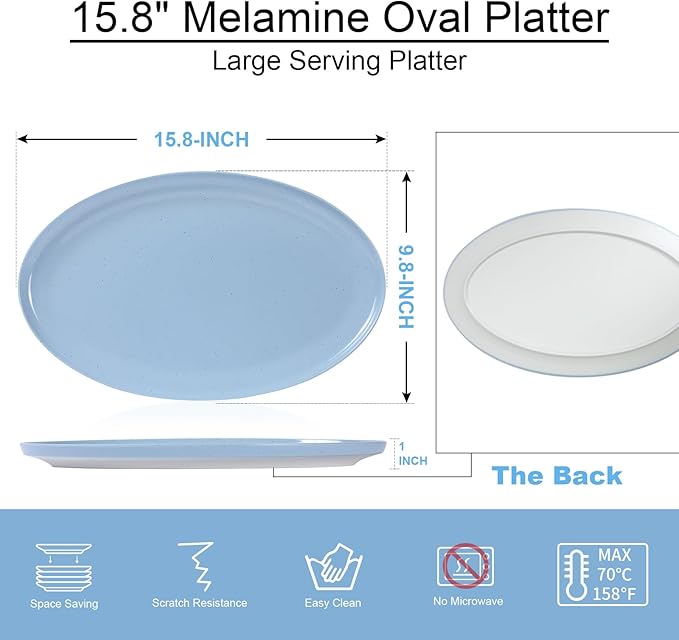 Webbylee ‌16" Melamine Oval Platter Set of 2- Lightweight Durable Serving Tray for Party, Catering & Home | Dishwasher Safe, Fits Turkey/Charcuterie-Blue & Beige
