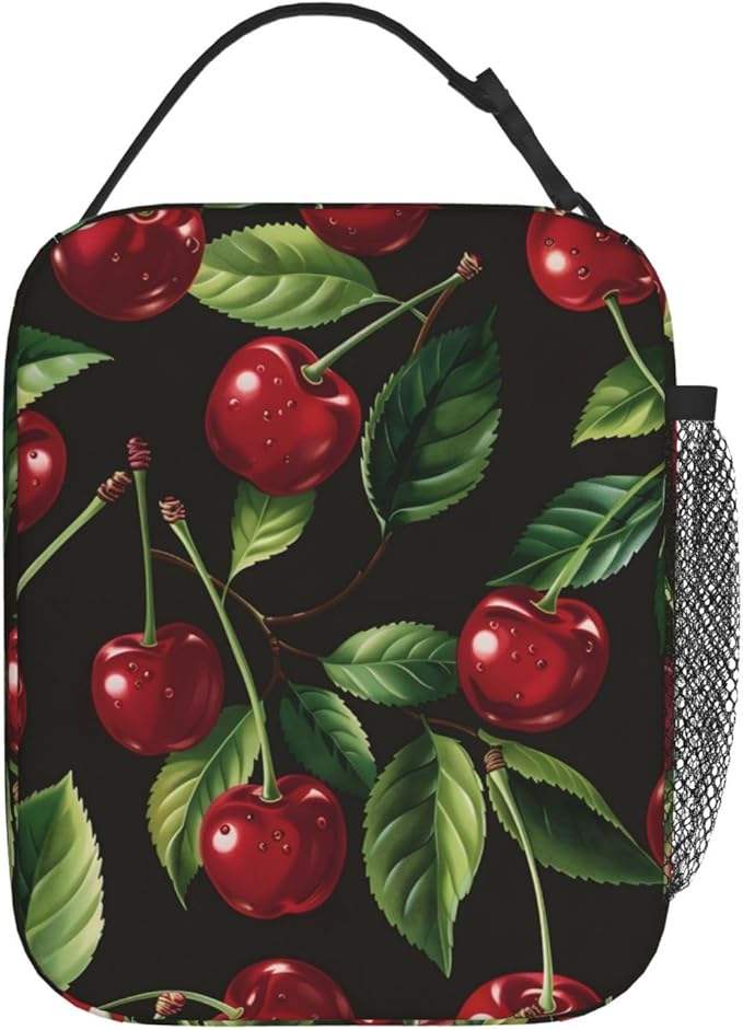 Sweet Cherry Lunch Box for Women Girls Kids, Insulated Cooler Vibrant Red Cherry Lunch Bag for School, Picnic, Office, Travel, Work, Portable Reusable Polyester Thermal Tote Lunch Bags