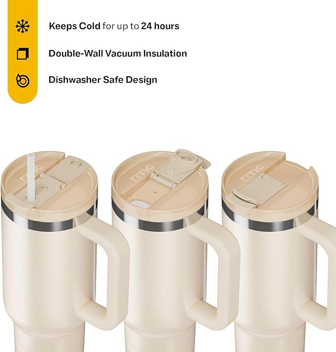 RTIC 40 oz Road Trip Tumbler Double-Walled Cermaic Lined Insulated Stainless Steel Portable Travel Coffee Mug Cup with Lid, Handle and Straw, Beach Glitter