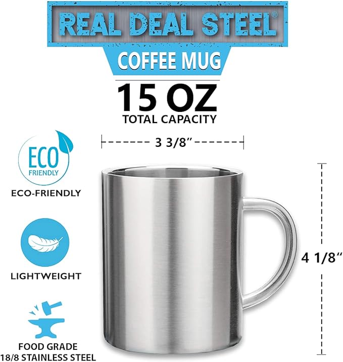 Stainless Steel Coffee Mugs – 15 oz Double Wall Stainless Steel Mugs with Handle, Metal Coffee Cups for Tea, Insulated Mug Set of 2 – BPA Free, Durable, Unbreakable Metal Coffee Mugs for Camping