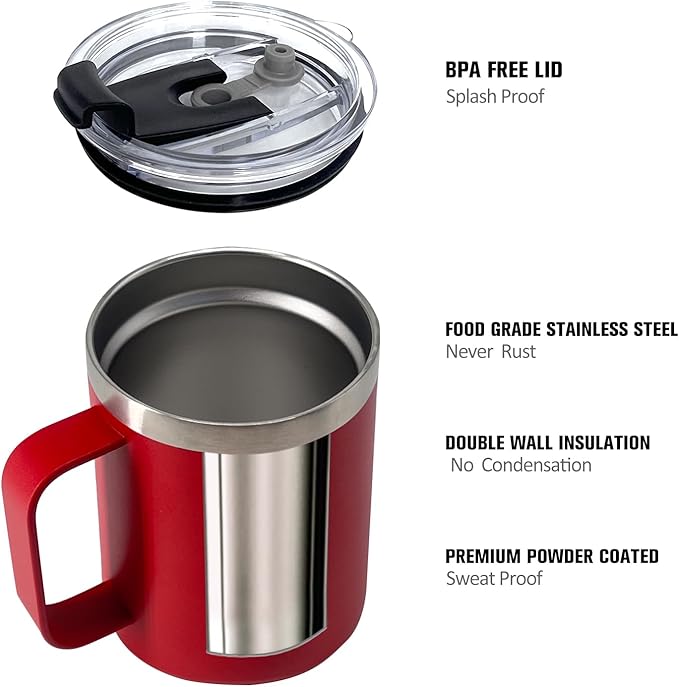 1pack 12oz Coffee Mug With Handle Bulk, Stainless Steel Insulated Travel Tumblers With,Double Wall Vacuum Camping Cup for Hot & Cold Drinks Tea (red)