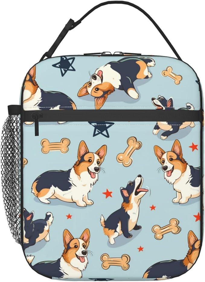 Reusable Corgi Lunch Box for Kids Girls Boys Women Adult, Insulated Cute Bone Lunch Bag,Polyester Cooler Dog Handbags Case for School Picnic Work Travel Beach or Hiking (Blue)