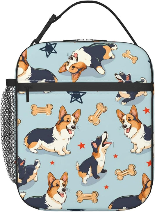 Reusable Corgi Lunch Box for Kids Girls Boys Women Adult, Insulated Cute Bone Lunch Bag,Polyester Cooler Dog Handbags Case for School Picnic Work Travel Beach or Hiking (Blue)