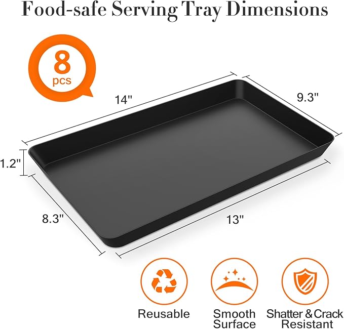 WOWBOX 8 pcs Serving Tray for Entertaining, Serving Platters for Snacks, Fruit, Cookies, Dessert, Reusable Plastic Trays for Serving Food and Pantry Organization in Kitchen & for Parties, (Black)