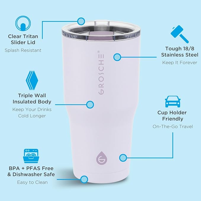 GROSCHE Yukon 20 oz Insulated Coffee Mug with Lid - Durable Travel Mug, Stainless Steel Tumblers, Vacuum Insulated Coffee Tumbler for Hot or Cold Beverages - LAVENDER