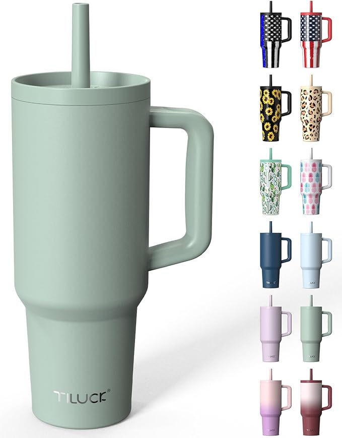 TILUCK 40 oz Tumbler with Handle, Vacuum Insulated Stainless Steel Travel Mug with 100% Leak-Proof Silicone Straw Lid, Cupholder Friendly Water Bottle(MintGreen, 40oz)