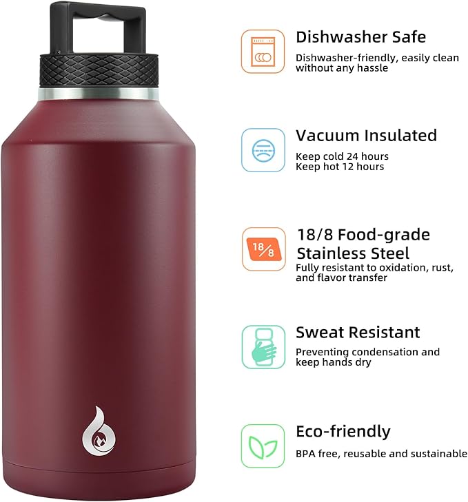 BJPKPK Half Gallon Water Bottle Insulated, Dishwasher Safe 64 oz Water Bottle with Handle, Leakproof BPA Free Water Jug, Large Stainless Steel Thermo for Sports, Brick Red