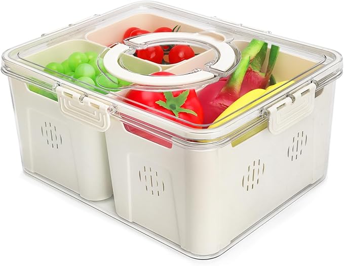 shopwithgreen Storage Containers for Fridge with Lid and Handle, Portable Food Box Container with 3 Removable Colanders, Fresh Produce Saver for Fruit, Vegetable, Refrigerator, Kitchen, Home, Picnic
