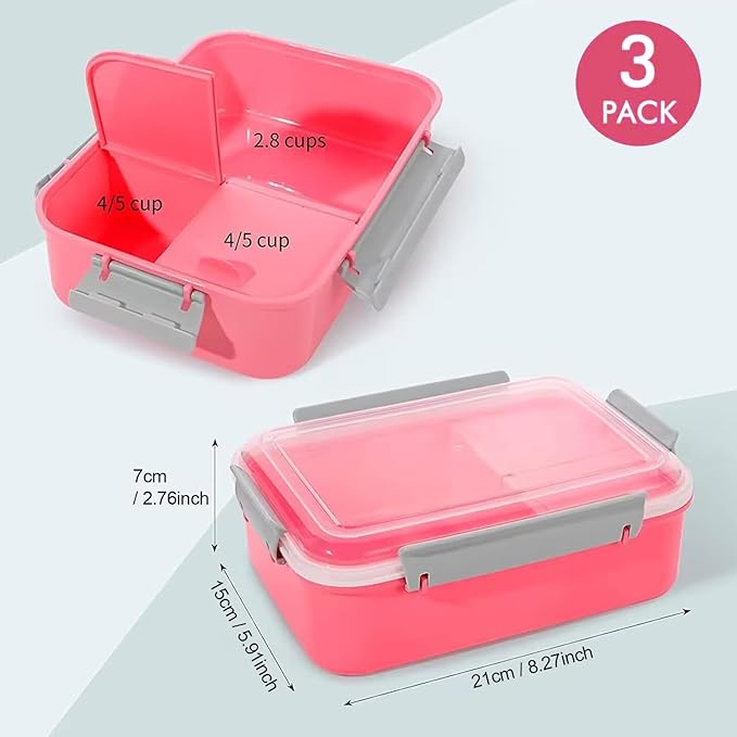 3 Pack Sandwich Container,Reusable Sandwich Containers for Lunch Boxes,Plastic Sandwich Box Tupperware for Kids Adults, Divided Salad Bento Box Food Meal Prep Container for School, Office,Travel, 40oz