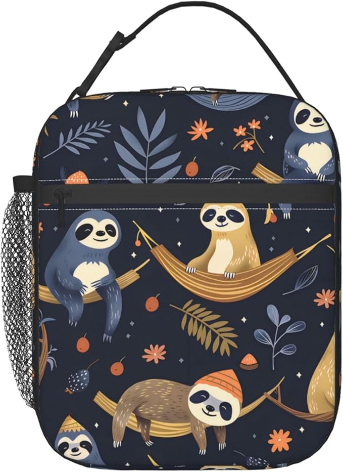 Sloth Polyester Lunch Box for Kids Teen,Cute Reusable Thermal Lunch Bag for Adult Women,Dark Insulated Tote Cooler Bags for School,Work,Picnic,Travel,Fun Nighttime Forest Theme