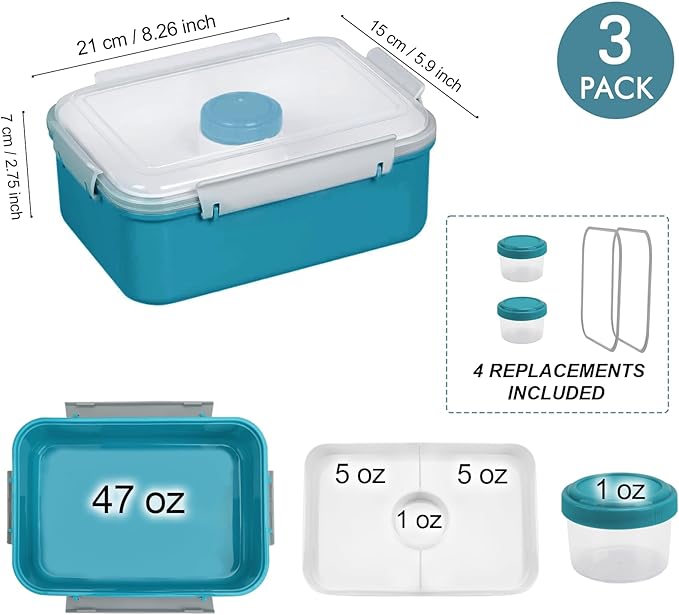 3 Pack Salad Lunch Box Food Storage Containers, 47oz Bento Box To Go Container with Lids, Meal Prep Containers with Removable Tray & Dressing Pots for Kids and Adults, Reusable and Microwave Safe