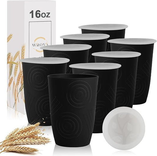 Wrova Wheat Straw Cups 16oz Set of 8 with Silicone Covers - Alternative Plastic Cups Reusable- Microwave & Dishwasher Safe - Unbreakable Plastic Drinking Cups for Camping - Black