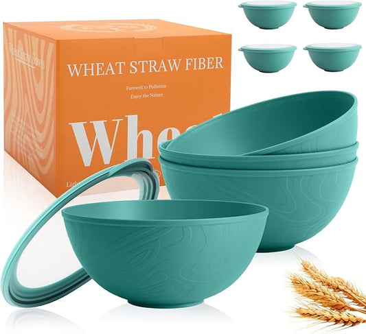 40 OZ Wheat Straw Bowls with Lids Set, 4 PCS Unbreakable Salad Bowls with Lid, Alternative Plastic Food Containers with Lids for Lunch, Microwave & Dishwasher Safe Kitchen Bowl Set, Green
