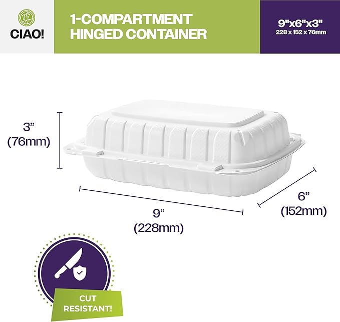 CIAO! 9"x6"x3" MFPP White Hinged Container With Lid 1 Compartment (Case of 200)
