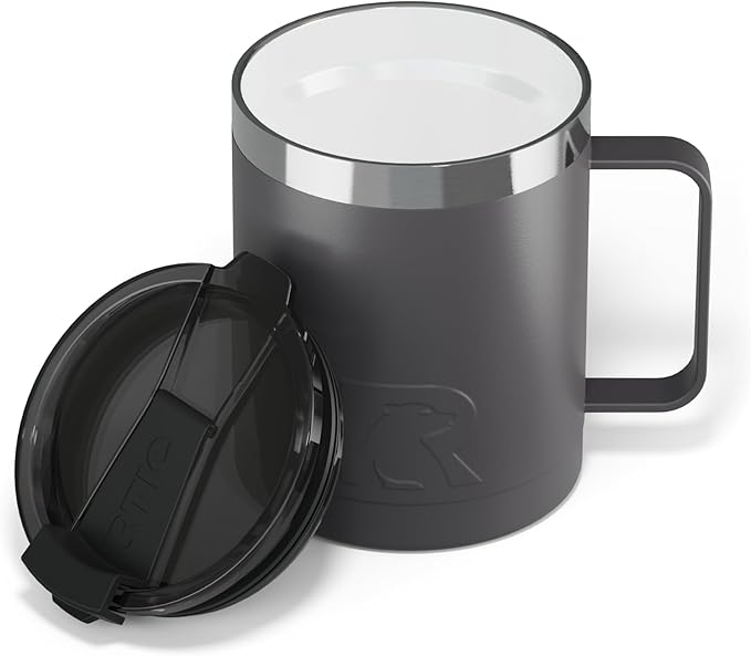 RTIC 12oz Essential Coffee Mug with Lid and Handle, Insulated, Ceramic Lined, Stainless Steel, Metal, Double Wall Vacuum-Insulation, Portable, Travel Cup for Hot and Cold Drink, Graphite