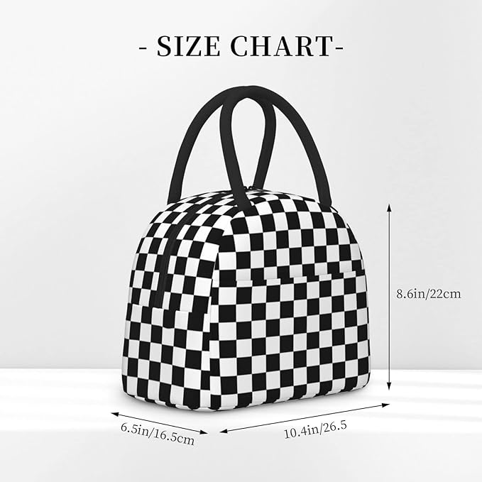Aeoiba Black White Checkerboard Insulated Lunch Box Tote Bag Handbag lunchbox Food Container Gourmet Tote Cooler warm Pouch For School work Office