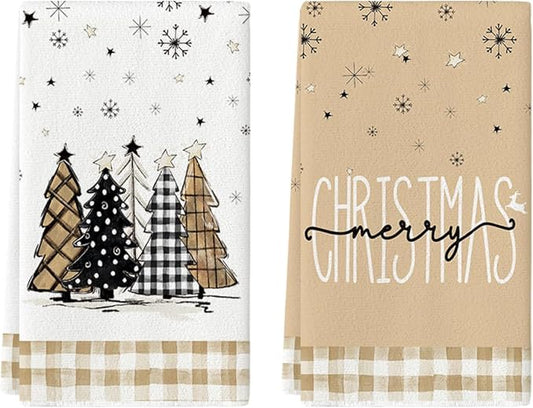 Artoid Mode Brown Buffalo Plaid Xmas Tree Merry Christmas Kitchen Towels Dish Towels, 18x26 Inch Snowflakes Winter Decoration Hand Towels Set of 2