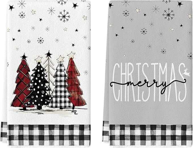 Artoid Mode Buffalo Plaid Merry Christmas Kitchen Towels Dish Towels, 18x26 Inch Winter Xmas Trees Star Decoration Hand Towels Set of 2