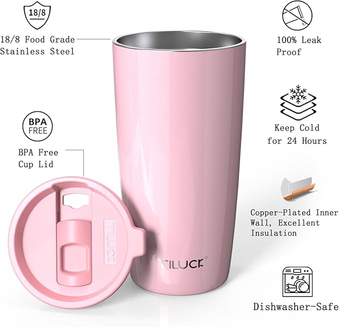 TILUCK 20 oz Tumbler with Leak-Proof Lid, Vacuum Insulated Stainless Steel Coffee Mug, Double-Walled Travel Tumbler for Hot and Cold Drinks(GlitterPink, 20oz)