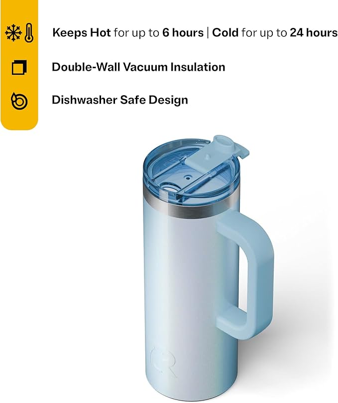 RTIC 20oz Road Trip Travel Mug with Lid and Handle, Ceramic Lined, Insulated, Stainless Steel, Metal, Double Wall Vacuum-Insulation, Portable Coffee, Tea Cup for Hot and Cold Drink, RTIC Ice Glitter