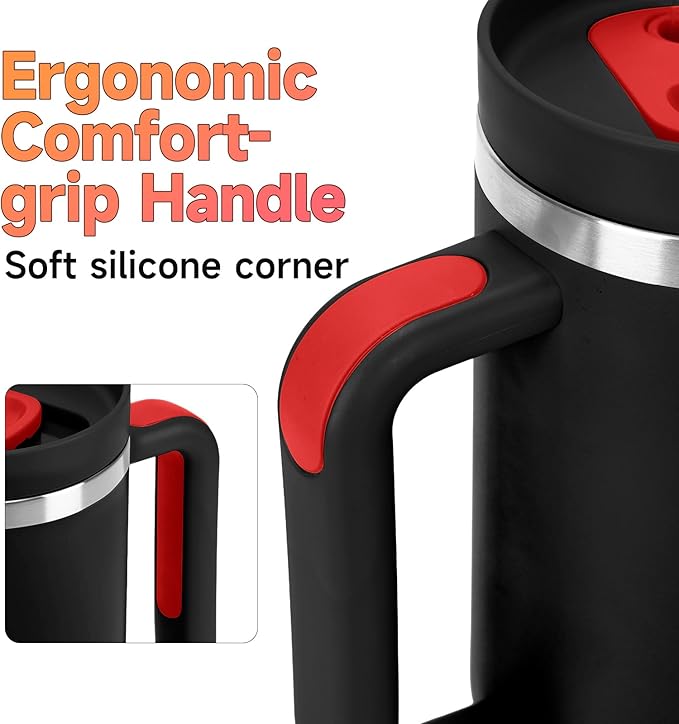 40oz Tumbler with Handle and Straw Spout 2-in-1 Lid, Spill Leak Proof Insulated Travel Cup Traveler Water Mug Keep Cold Hot, Dishwasher Safe Stainless Steel Bottle Gifts for Women Men, Black Red