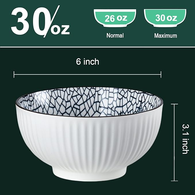 QINLANG 6 Inch Blue and White Porcelain 30 oz Bowls Set of 6 for Soup, Cereal, desserts, ice cream and Rice - Leaf Pattern
